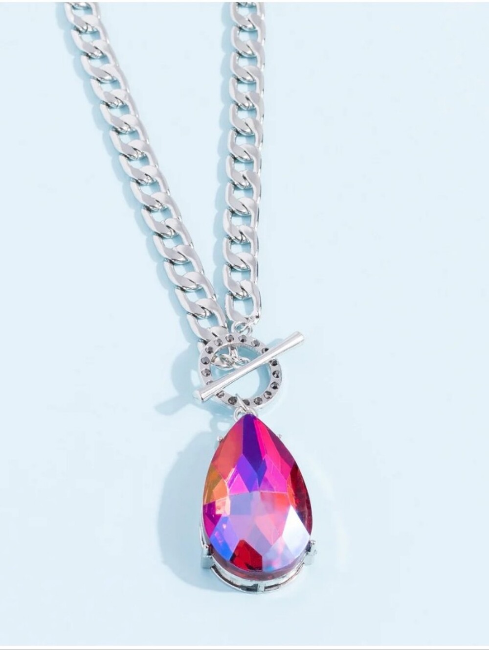 Edgy Exaggeration Necklace with Pink UV Shimmer Teardrop Pendant - Picture 4 of 6